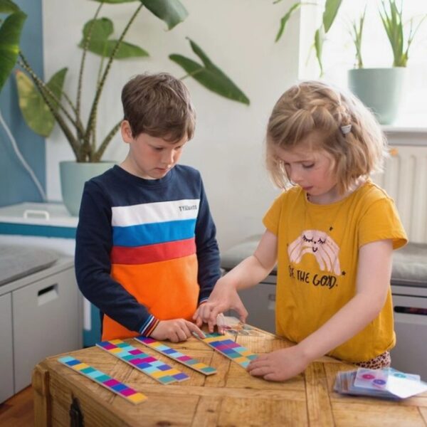 BS Toys Brain Race tafelspel – educatief denkspel voor kinderen en families- het speellab-jpg kin deren spelen het spel BS Toys Brain Race spel – educatief tafelspel voor kinderen en gezinnen, met houten schijven en voorbeeldkaarten het speellab