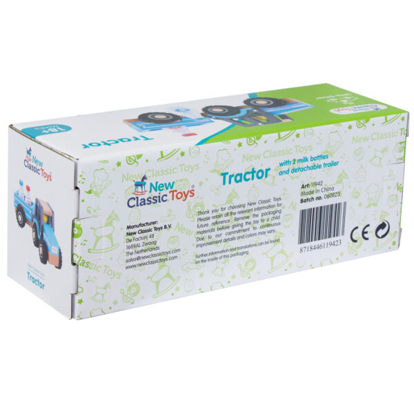 Tractor met aanhanger en melkflessen van hout – New Classic Toys boerderij speelgoed