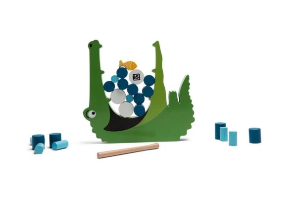 Kindvriendelijk balansspel met krokodil en houten voedselstukken