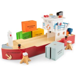Houten containerhaven speelgoed – New Classic Toys transportboot