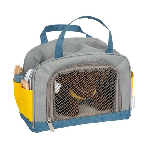 Small Foot hond in transporttas met kussen