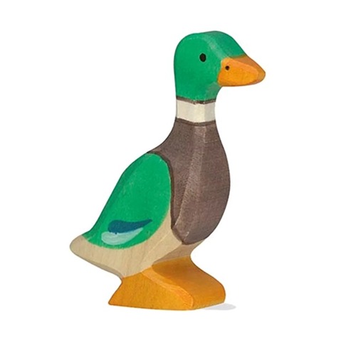 Van duurzaam hout handgemaakte mannetjeseend waldorf geinspiteerd van Holztiger bij Het Speellab