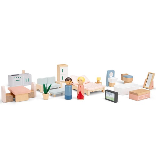 Duurzaam FSC houten meubels passend bij poppenhuis Woet verkrijgbaar bij Het Speellab