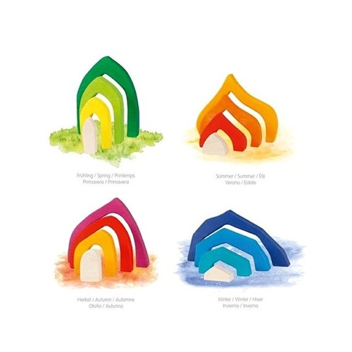 Houten bouwstenen van Goki Evolution gebruikt op een seizoenstafel