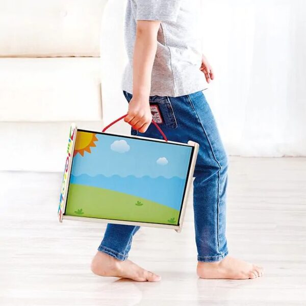 hape-magnetische-kunstdoos-reisvriendelijk-houten-speelgoed Reisvriendelijke houten magnetische kunstdoos van Hape met stevig handvat