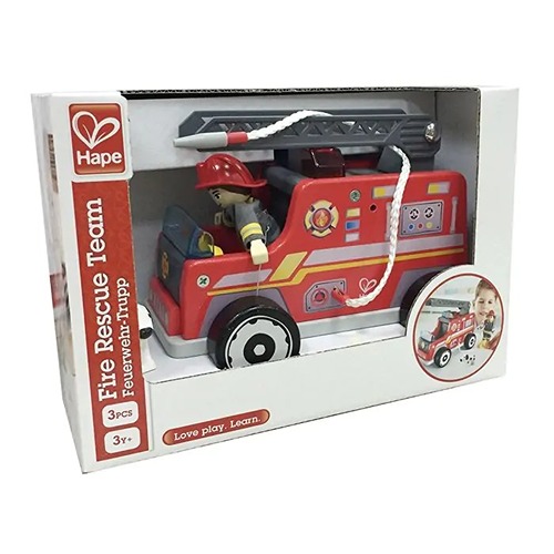 houten-brandweerauto-kinderen-hape-brandweer-speelgoed Hape Houten brandweerauto voor kinderen met verstelbare ladder en realistische details.