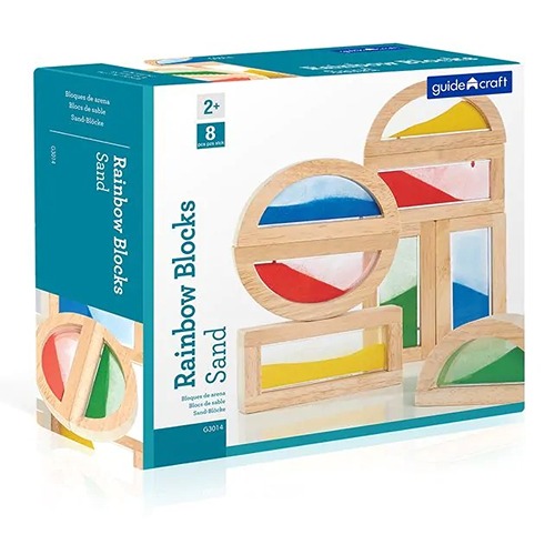 open-einde-sensorische-houten-zandblokken-kinderen Guidecraft regenboog zandblokken van hout met gekleurd zand bij het Speellab