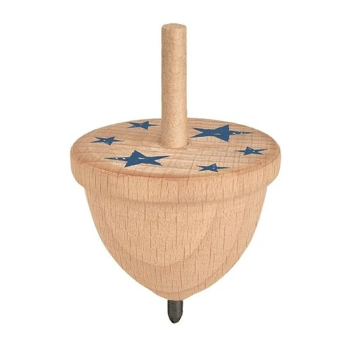 phaenomint-houten-tekentol-experiment Een draaiende PhänoMINT houten tol op een witte ondergrond, die door het snelle draaien visuele patronen creëert