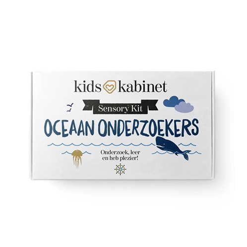 Kids kabinet een fantastische doos met sensorisch speelgoed kinderen. Oceaan met pipetje, bruispoeder, magischwater, walvis, schelpen en PLA vulvorm