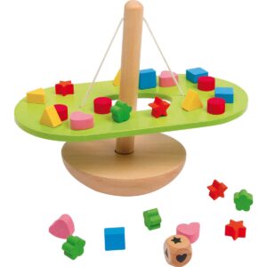Het duurzame houten Small Foot Evenwichtspel Balansspel op een witte achtergrond
