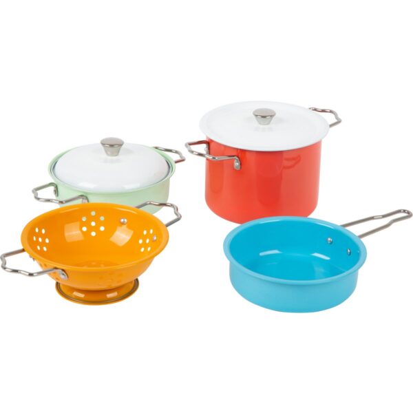 small-foot-gekleurde-pannenset-speelkeuken-kookaccessoires Gekleurde metalen pannenset voor rijk rollenspel