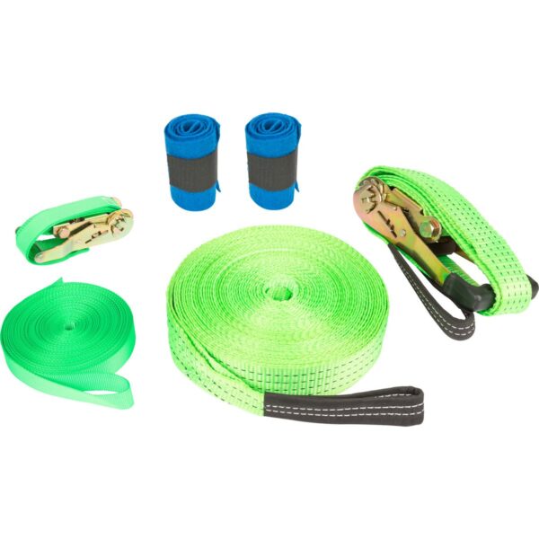 : Complete Small Foot Slackline set van 15,7 meter inclusief groene ratelband en boombeschermers